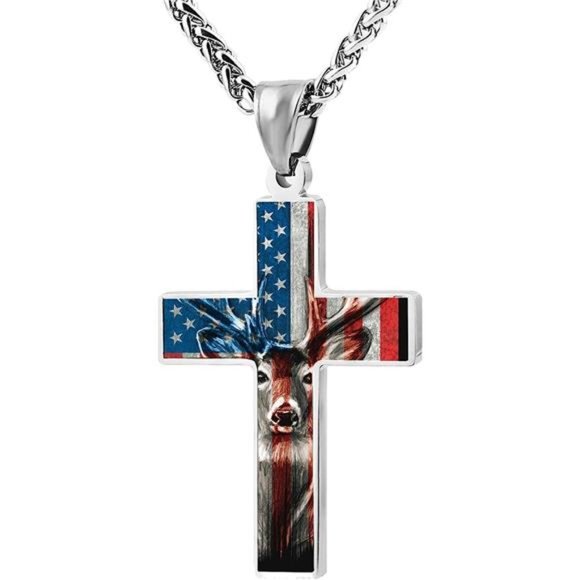 Deer American Flag Patriotic Cross Pendant Necklace Christian Religious - Picture 1 of 1